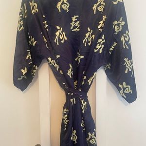 Silk Robe Asia Themed Ties at Waist Blue with Gold Size XL